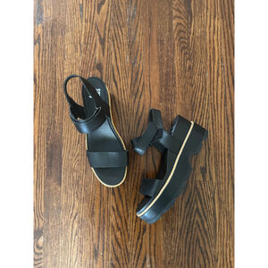 Women's Sorel Black Platform Sandals Size 10 with Beige Trim